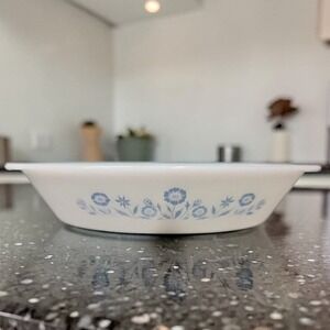 Glasbake Vintage Casserole Dish, Blue Cornflower Design Divided Oval Baking Dish
